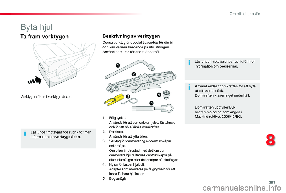 TOYOTA PROACE VERSO 2019 Bruksanvisningar (in Swedish) 291
Proace verso_sv_Chap08_En-cas-de-panne_ed01-2019
Byta hjul
Verktygen finns i verktygslådan.
Ta fram verktygen
1. Fälgnyckel. Används för att demontera hjulets fästskruvar och för att höja/s TOYOTA PROACE VERSO 2019 Bruksanvisningar (in Swedish) 291
Proace verso_sv_Chap08_En-cas-de-panne_ed01-2019
Byta hjul
Verktygen finns i verktygslådan.
Ta fram verktygen
1. Fälgnyckel. Används för att demontera hjulets fästskruvar och för att höja/s