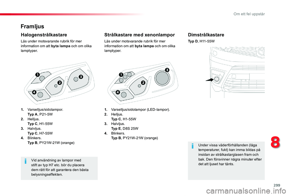 TOYOTA PROACE VERSO 2019 Bruksanvisningar (in Swedish) 299
Proace verso_sv_Chap08_En-cas-de-panne_ed01-2019
Framljus
Strålkastare med xenonlampor
Läs under motsvarande rubrik för mer information om att byta lampa och om olika lamptyper.
Halogenstrålka TOYOTA PROACE VERSO 2019 Bruksanvisningar (in Swedish) 299
Proace verso_sv_Chap08_En-cas-de-panne_ed01-2019
Framljus
Strålkastare med xenonlampor
Läs under motsvarande rubrik för mer information om att byta lampa och om olika lamptyper.
Halogenstrålka