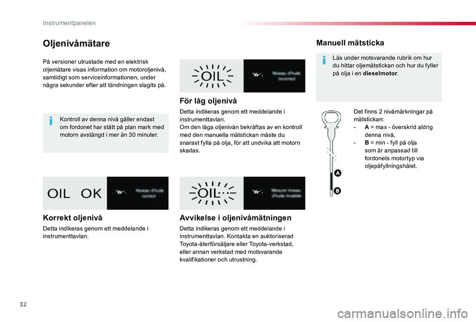 TOYOTA PROACE VERSO 2019 Bruksanvisningar (in Swedish) 32
Proace verso_sv_Chap01_instruments-de-bord_ed01-2019
Oljenivåmätare
På versioner utrustade med en elektrisk oljemätare visas information om motoroljenivå, samtidigt som serviceinformationen, u TOYOTA PROACE VERSO 2019 Bruksanvisningar (in Swedish) 32
Proace verso_sv_Chap01_instruments-de-bord_ed01-2019
Oljenivåmätare
På versioner utrustade med en elektrisk oljemätare visas information om motoroljenivå, samtidigt som serviceinformationen, u
