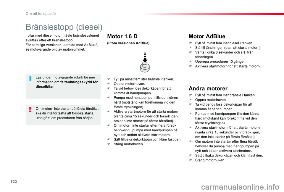 TOYOTA PROACE VERSO 2019 Bruksanvisningar (in Swedish) 322
Proace verso_sv_Chap08_En-cas-de-panne_ed01-2019
I bilar med dieselmotor måste bränslesystemet avluftas efter ett bränslestopp.För samtliga versioner, utom de med AdBlue®, se motsvarande bild TOYOTA PROACE VERSO 2019 Bruksanvisningar (in Swedish) 322
Proace verso_sv_Chap08_En-cas-de-panne_ed01-2019
I bilar med dieselmotor måste bränslesystemet avluftas efter ett bränslestopp.För samtliga versioner, utom de med AdBlue®, se motsvarande bild