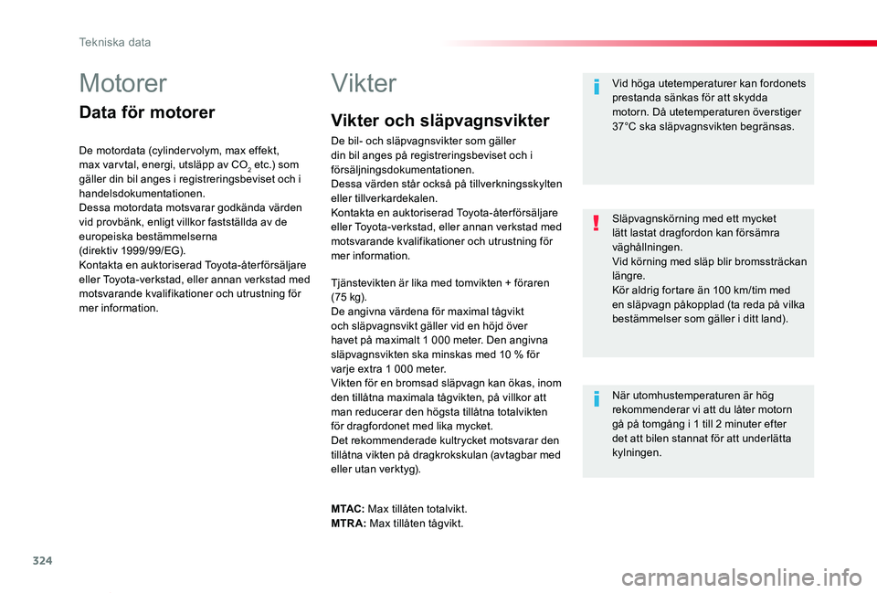 TOYOTA PROACE VERSO 2019 Bruksanvisningar (in Swedish) 324
Proace verso_sv_Chap09_caracteristiques-techniques_ed01-2019
Motorer
Data för motorer
De motordata (cylinder volym, max effekt, max var vtal, energi, utsläpp av CO2 etc.) som gäller din bil ang TOYOTA PROACE VERSO 2019 Bruksanvisningar (in Swedish) 324
Proace verso_sv_Chap09_caracteristiques-techniques_ed01-2019
Motorer
Data för motorer
De motordata (cylinder volym, max effekt, max var vtal, energi, utsläpp av CO2 etc.) som gäller din bil ang