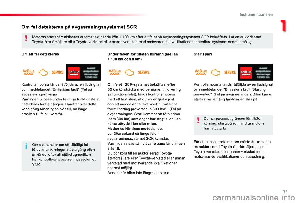 TOYOTA PROACE VERSO 2019 Bruksanvisningar (in Swedish) 35
Proace verso_sv_Chap01_instruments-de-bord_ed01-2019
Startspärr
Kontrollamporna tänds, åtföljda av en ljudsignal och meddelandet "Emissions fault: Starting prevented". (Fel på avgasren TOYOTA PROACE VERSO 2019 Bruksanvisningar (in Swedish) 35
Proace verso_sv_Chap01_instruments-de-bord_ed01-2019
Startspärr
Kontrollamporna tänds, åtföljda av en ljudsignal och meddelandet "Emissions fault: Starting prevented". (Fel på avgasren
