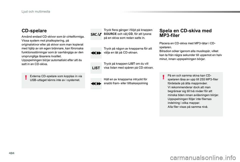 TOYOTA PROACE VERSO 2019 Bruksanvisningar (in Swedish) 484
Proace verso_sv_Chap10d_RD6_ed01-2019
CD-spelare
Använd endast CD-skivor som är cirkelformiga.Vissa system mot piratkopiering, på originalskivor eller på skivor som man kopierat med hjälp av TOYOTA PROACE VERSO 2019 Bruksanvisningar (in Swedish) 484
Proace verso_sv_Chap10d_RD6_ed01-2019
CD-spelare
Använd endast CD-skivor som är cirkelformiga.Vissa system mot piratkopiering, på originalskivor eller på skivor som man kopierat med hjälp av