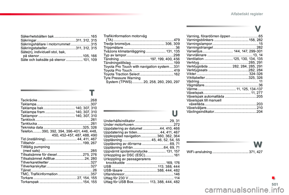 TOYOTA PROACE VERSO 2019 Bruksanvisningar (in Swedish) 501
Proace verso_sv_Chap11_index-alpha_ed01-2019
Trafikinformation motorväg ( TA) .............................................................479Tredje bromsljus ................................... TOYOTA PROACE VERSO 2019 Bruksanvisningar (in Swedish) 501
Proace verso_sv_Chap11_index-alpha_ed01-2019
Trafikinformation motorväg ( TA) .............................................................479Tredje bromsljus ...................................