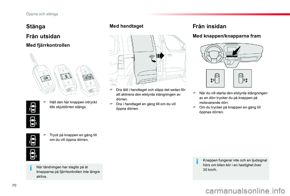 TOYOTA PROACE VERSO 2019 Bruksanvisningar (in Swedish) 70
Proace verso_sv_Chap02_ouvertures_ed01-2019
När tändningen har slagits på är knapparna på fjärrkontrollen inte längre aktiva.
Stänga
Från utsidan
F När du vill starta den elstyrda stängn TOYOTA PROACE VERSO 2019 Bruksanvisningar (in Swedish) 70
Proace verso_sv_Chap02_ouvertures_ed01-2019
När tändningen har slagits på är knapparna på fjärrkontrollen inte längre aktiva.
Stänga
Från utsidan
F När du vill starta den elstyrda stängn