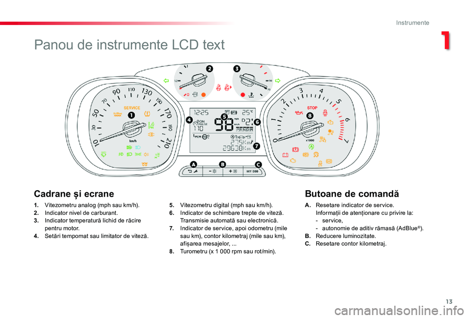 TOYOTA PROACE VERSO 2019 Manual de utilizare (in Romanian) 13
1. Vitezometru analog (mph sau km/h).2. Indicator nivel de carburant.3. Indicator temperatură lichid de răcire pentru motor.4. Setări tempomat sau limitator de viteză.
A. Resetare indicator de TOYOTA PROACE VERSO 2019 Manual de utilizare (in Romanian) 13
1. Vitezometru analog (mph sau km/h).2. Indicator nivel de carburant.3. Indicator temperatură lichid de răcire pentru motor.4. Setări tempomat sau limitator de viteză.
A. Resetare indicator de
