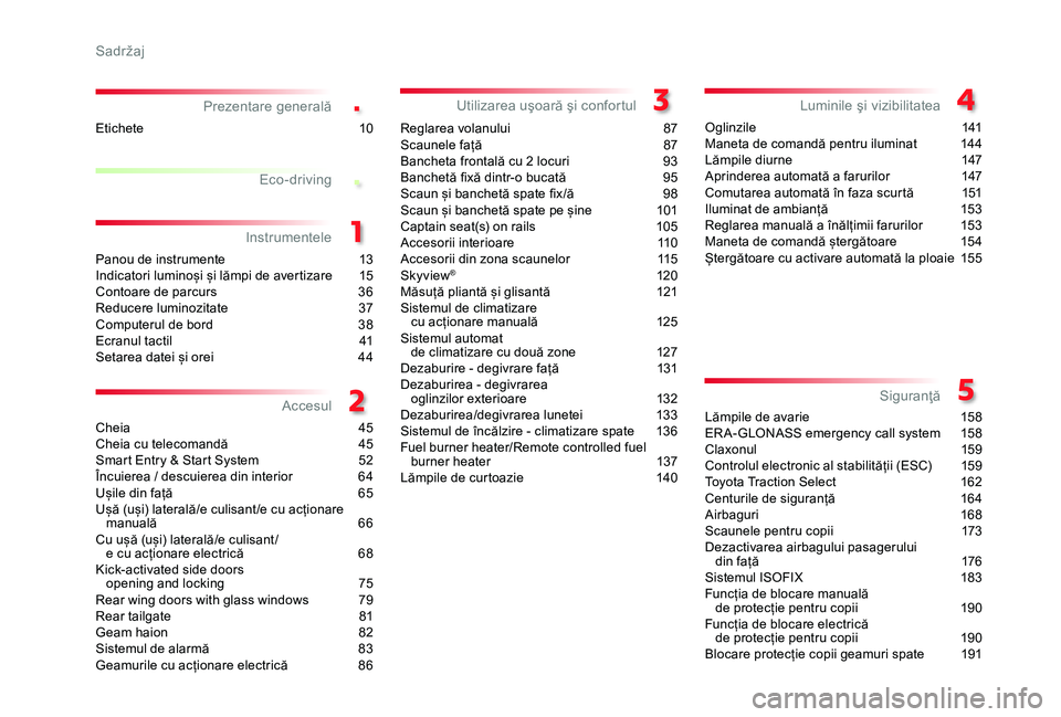 TOYOTA PROACE VERSO 2019 Manual de utilizare (in Romanian) .
.
Prezentare generală
Panou de instrumente 13Indicatori luminoși și lămpi de avertizare 15Contoare de parcurs 36Reducere luminozitate 37Computerul de bord 38Ecranul tactil 41Setarea datei și TOYOTA PROACE VERSO 2019 Manual de utilizare (in Romanian) .
.
Prezentare generală
Panou de instrumente 13Indicatori luminoși și lămpi de avertizare 15Contoare de parcurs 36Reducere luminozitate 37Computerul de bord 38Ecranul tactil 41Setarea datei și