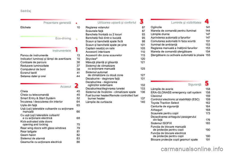 TOYOTA PROACE VERSO 2019  Manual de utilizare (in Romanian) .
.
Prezentare generală
Panou de instrumente 13Indicatori luminoși și lămpi de avertizare 15Contoare de parcurs 36Reducere luminozitate  37Computerul de bord 38Ecranul tactil  41Setarea datei și 