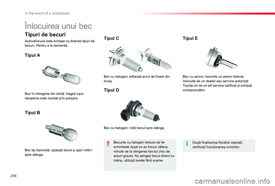 TOYOTA PROACE VERSO 2019 Manual de utilizare (in Romanian) 298
Proace_Verso_RO_Chap08_En-cas-de-panne_ed01-2019
Înlocuirea unui bec
Bec cu halogen: rotiți becul spre stânga.
Tipul A
Bec tip baionetă: apăsați becul și apoi rotiți-l spre stânga.
Tipul TOYOTA PROACE VERSO 2019 Manual de utilizare (in Romanian) 298
Proace_Verso_RO_Chap08_En-cas-de-panne_ed01-2019
Înlocuirea unui bec
Bec cu halogen: rotiți becul spre stânga.
Tipul A
Bec tip baionetă: apăsați becul și apoi rotiți-l spre stânga.
Tipul