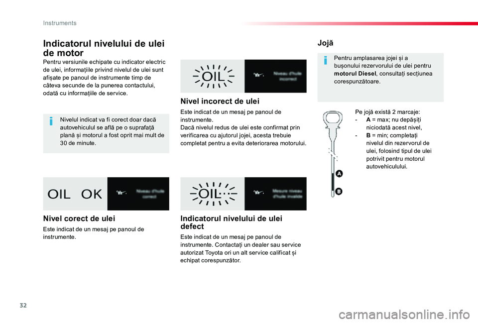 TOYOTA PROACE VERSO 2019  Manual de utilizare (in Romanian) 32
Indicatorul nivelului de ulei 
de motor
Pentru versiunile echipate cu indicator electric de ulei, informațiile privind nivelul de ulei sunt afișate pe panoul de instrumente timp de câteva secund