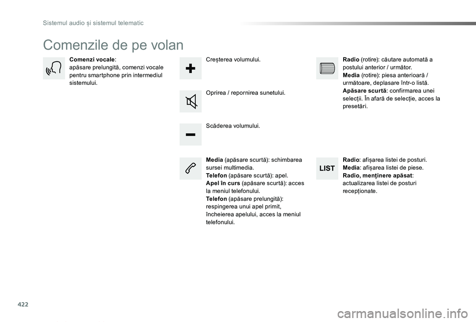 TOYOTA PROACE VERSO 2019 Manual de utilizare (in Romanian) 422
Proace_Verso_RO_Chap10c_RCC-1_ed01-2019
Comenzile de pe volan
Media (apăsare scurtă): schimbarea sursei multimedia.Telefon (apăsare scurtă): apel.Apel în curs (apăsare scurtă): acces la men TOYOTA PROACE VERSO 2019 Manual de utilizare (in Romanian) 422
Proace_Verso_RO_Chap10c_RCC-1_ed01-2019
Comenzile de pe volan
Media (apăsare scurtă): schimbarea sursei multimedia.Telefon (apăsare scurtă): apel.Apel în curs (apăsare scurtă): acces la men