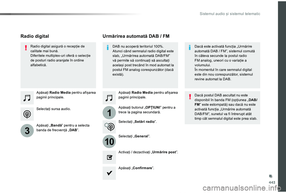 TOYOTA PROACE VERSO 2019 Manual de utilizare (in Romanian) 443
1
10
3
Proace_Verso_RO_Chap10c_RCC-1_ed01-2019
Selectați sursa audio.
Apăsați Radio Media pentru afișarea paginii principale.
Apăsați „Bandă” pentru a selecta banda de frecvență „DA TOYOTA PROACE VERSO 2019 Manual de utilizare (in Romanian) 443
1
10
3
Proace_Verso_RO_Chap10c_RCC-1_ed01-2019
Selectați sursa audio.
Apăsați Radio Media pentru afișarea paginii principale.
Apăsați „Bandă” pentru a selecta banda de frecvență „DA
