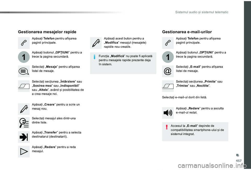 TOYOTA PROACE VERSO 2019 Manual de utilizare (in Romanian) 457
11
Proace_Verso_RO_Chap10c_RCC-1_ed01-2019
Gestionarea e-mail-urilor
Apăsați acest buton pentru a „Modifica” mesajul (mesajele) rapid/e nou creat /e.
Apăsați Telefon pentru afișarea pagin TOYOTA PROACE VERSO 2019 Manual de utilizare (in Romanian) 457
11
Proace_Verso_RO_Chap10c_RCC-1_ed01-2019
Gestionarea e-mail-urilor
Apăsați acest buton pentru a „Modifica” mesajul (mesajele) rapid/e nou creat /e.
Apăsați Telefon pentru afișarea pagin