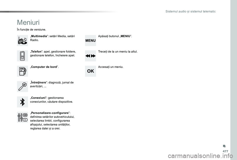 TOYOTA PROACE VERSO 2019  Manual de utilizare (in Romanian) 477
Meniuri
„Multimedia”: setări Media, setări Radio.
În funcție de versiune.
Treceți de la un meniu la altul.
Accesați un meniu.„Computer de bord”.
„Întreținere”: diagnoză, jurna