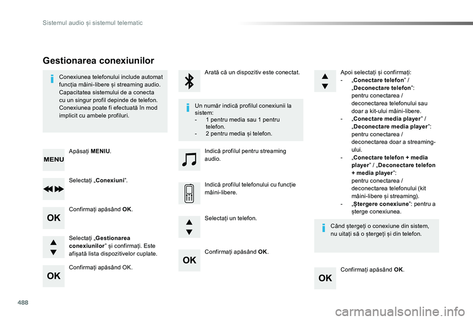 TOYOTA PROACE VERSO 2019  Manual de utilizare (in Romanian) 488
Confirmați apăsând OK.
Confirmați apăsând OK.
Confirmați apăsând OK.
Confirmați apăsând OK.
Conexiunea telefonului include automat funcția mâini-libere și streaming audio.Capacitate
