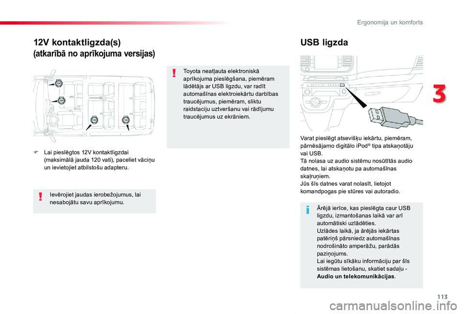 TOYOTA PROACE VERSO 2019 Lietošanas Instrukcija (in Latvian) 113
Proace Verso_lv_Chap03_ergonomie-et-confort_ed01-2019
12V kontaktligzda(s)
(atkarībā no aprīkojuma versijas)
USB ligzda
F Lai pieslēgtos 12V kontaktligzdai (maksimālā jauda 120 vati), paceli TOYOTA PROACE VERSO 2019 Lietošanas Instrukcija (in Latvian) 113
Proace Verso_lv_Chap03_ergonomie-et-confort_ed01-2019
12V kontaktligzda(s)
(atkarībā no aprīkojuma versijas)
USB ligzda
F Lai pieslēgtos 12V kontaktligzdai (maksimālā jauda 120 vati), paceli
