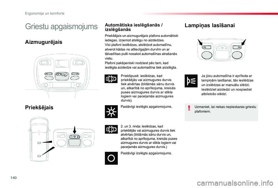 TOYOTA PROACE VERSO 2019 Lietošanas Instrukcija (in Latvian) 140
Proace Verso_lv_Chap03_ergonomie-et-confort_ed01-2019
Lampiņas lasīšanai
Priekšējais
Griestu apgaismojumsAutomātiska ieslēgšanās / izslēgšanās
Priekšējais un aizmugurējais plafons a TOYOTA PROACE VERSO 2019 Lietošanas Instrukcija (in Latvian) 140
Proace Verso_lv_Chap03_ergonomie-et-confort_ed01-2019
Lampiņas lasīšanai
Priekšējais
Griestu apgaismojumsAutomātiska ieslēgšanās / izslēgšanās
Priekšējais un aizmugurējais plafons a