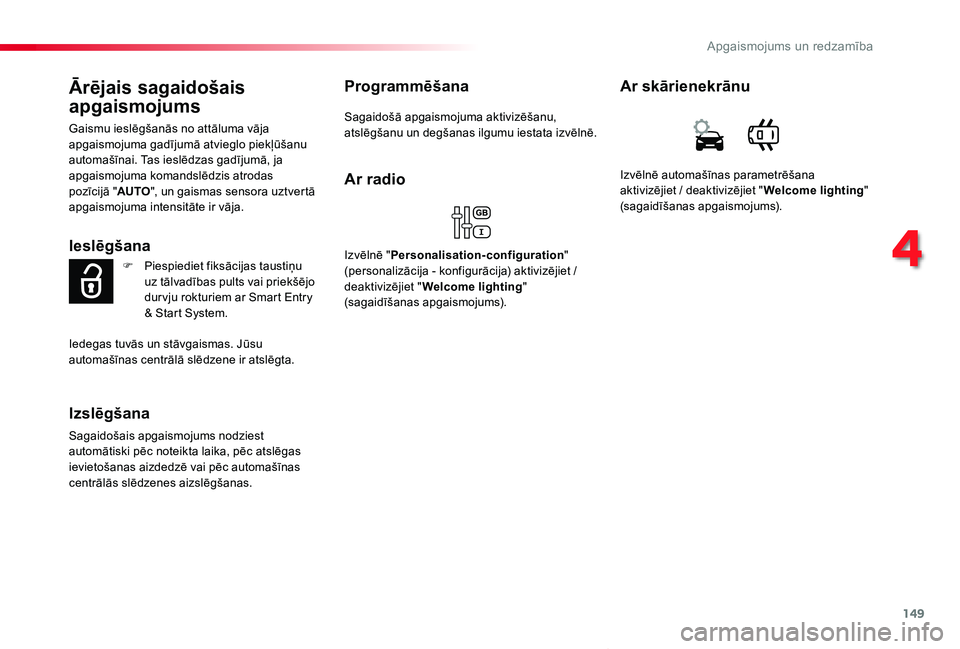 TOYOTA PROACE VERSO 2019 Lietošanas Instrukcija (in Latvian) 149
Proace Verso_lv_Chap04_eclairage-et-visibilite_ed01-2019
Ārējais sagaidošais
apgaismojums
Gaismu ieslēgšanās no attāluma vāja apgaismojuma gadījumā atvieglo piekļūšanu automašīnai. TOYOTA PROACE VERSO 2019 Lietošanas Instrukcija (in Latvian) 149
Proace Verso_lv_Chap04_eclairage-et-visibilite_ed01-2019
Ārējais sagaidošais
apgaismojums
Gaismu ieslēgšanās no attāluma vāja apgaismojuma gadījumā atvieglo piekļūšanu automašīnai.