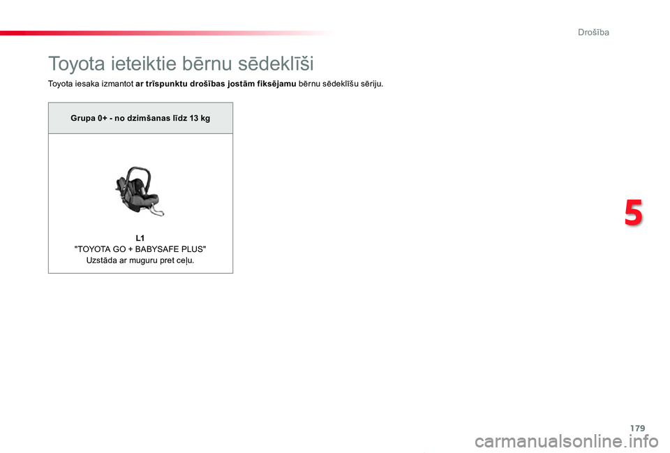 TOYOTA PROACE VERSO 2019 Lietošanas Instrukcija (in Latvian) 179
Proace Verso_lv_Chap05_securite_ed01-2019
Toyota ieteiktie bērnu sēdeklīši
Toyota iesaka izmantot ar trīspunktu drošības jostām fiksējamu bērnu sēdeklīšu sēriju.
Grupa 0+ - no dzimš TOYOTA PROACE VERSO 2019 Lietošanas Instrukcija (in Latvian) 179
Proace Verso_lv_Chap05_securite_ed01-2019
Toyota ieteiktie bērnu sēdeklīši
Toyota iesaka izmantot ar trīspunktu drošības jostām fiksējamu bērnu sēdeklīšu sēriju.
Grupa 0+ - no dzimš