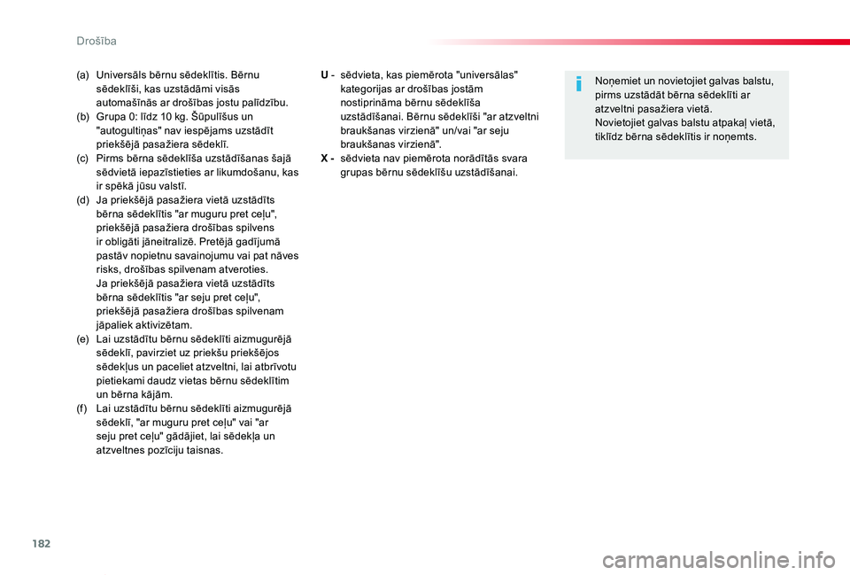 TOYOTA PROACE VERSO 2019 Lietošanas Instrukcija (in Latvian) 182
Proace Verso_lv_Chap05_securite_ed01-2019
(a) Universāls bērnu sēdeklītis. Bērnu sēdeklīši, kas uzstādāmi visās automašīnās ar drošības jostu palīdzību.(b) Grupa 0: līdz 10 kg. TOYOTA PROACE VERSO 2019 Lietošanas Instrukcija (in Latvian) 182
Proace Verso_lv_Chap05_securite_ed01-2019
(a) Universāls bērnu sēdeklītis. Bērnu sēdeklīši, kas uzstādāmi visās automašīnās ar drošības jostu palīdzību.(b) Grupa 0: līdz 10 kg.
