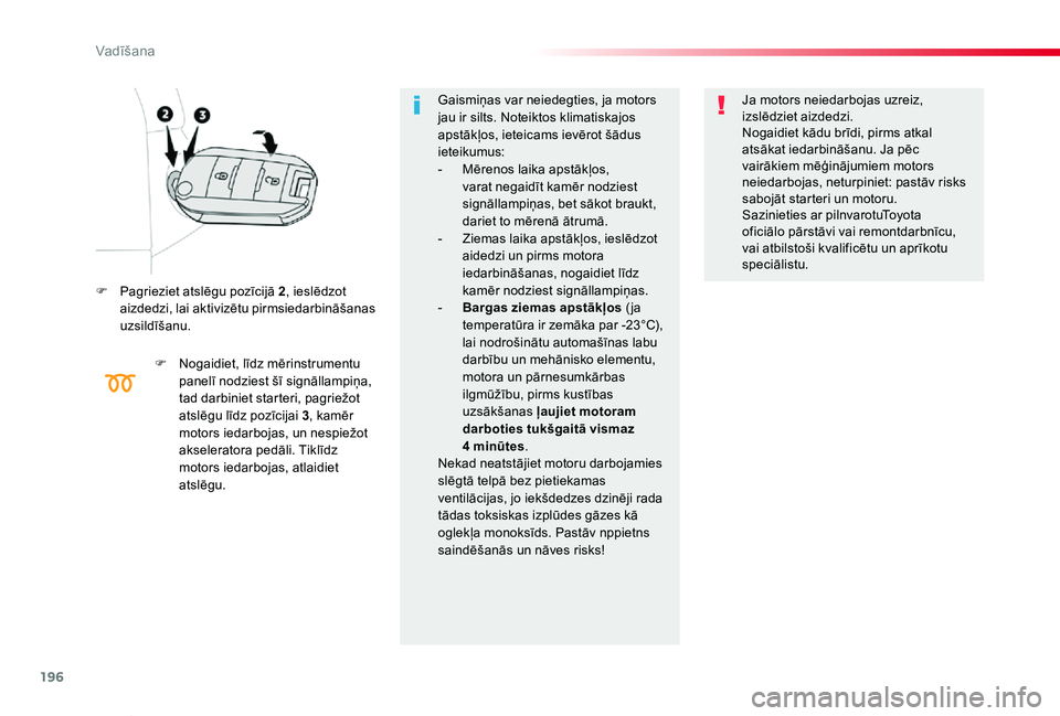 TOYOTA PROACE VERSO 2019 Lietošanas Instrukcija (in Latvian) 196
Proace Verso_lv_Chap06_conduite_ed01-2019
F Pagrieziet atslēgu pozīcijā 2, ieslēdzot aizdedzi, lai aktivizētu pirmsiedarbināšanas uzsildīšanu.
F Nogaidiet, līdz mērinstrumentu panelī n TOYOTA PROACE VERSO 2019 Lietošanas Instrukcija (in Latvian) 196
Proace Verso_lv_Chap06_conduite_ed01-2019
F Pagrieziet atslēgu pozīcijā 2, ieslēdzot aizdedzi, lai aktivizētu pirmsiedarbināšanas uzsildīšanu.
F Nogaidiet, līdz mērinstrumentu panelī n