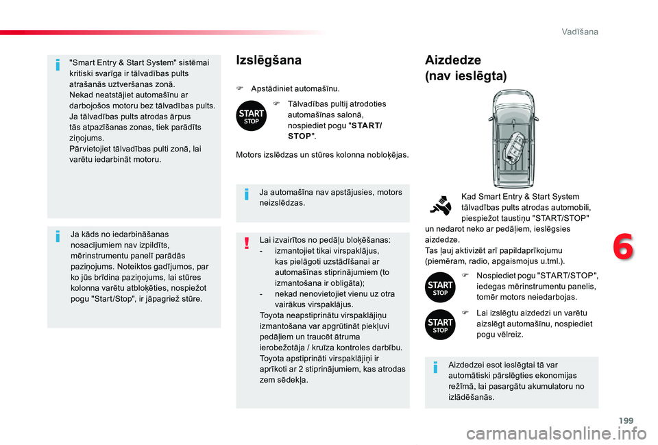 TOYOTA PROACE VERSO 2019 Lietošanas Instrukcija (in Latvian) 199
Proace Verso_lv_Chap06_conduite_ed01-2019
"Smart Entry & Start System" sistēmai kritiski svarīga ir tālvadības pults atrašanās uztveršanas zonā.Nekad neatstājiet automašīnu ar d TOYOTA PROACE VERSO 2019 Lietošanas Instrukcija (in Latvian) 199
Proace Verso_lv_Chap06_conduite_ed01-2019
"Smart Entry & Start System" sistēmai kritiski svarīga ir tālvadības pults atrašanās uztveršanas zonā.Nekad neatstājiet automašīnu ar d