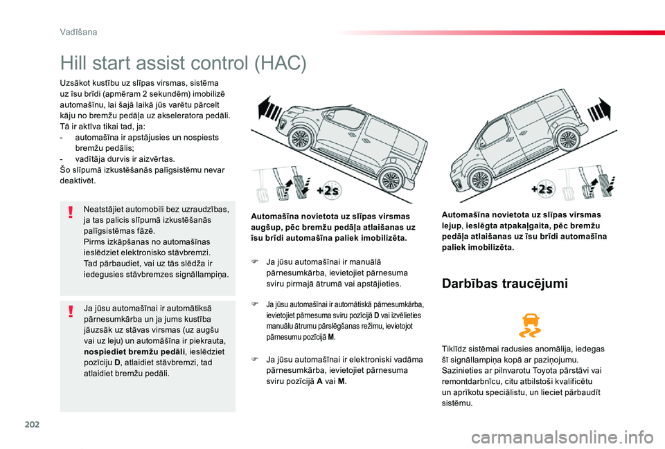 TOYOTA PROACE VERSO 2019 Lietošanas Instrukcija (in Latvian) 202
Proace Verso_lv_Chap06_conduite_ed01-2019
Hill start assist control (HAC)
Uzsākot kustību uz slīpas virsmas, sistēma uz īsu brīdi (apmēram 2 sekundēm) imobilizē automašīnu, lai šajā l TOYOTA PROACE VERSO 2019 Lietošanas Instrukcija (in Latvian) 202
Proace Verso_lv_Chap06_conduite_ed01-2019
Hill start assist control (HAC)
Uzsākot kustību uz slīpas virsmas, sistēma uz īsu brīdi (apmēram 2 sekundēm) imobilizē automašīnu, lai šajā l