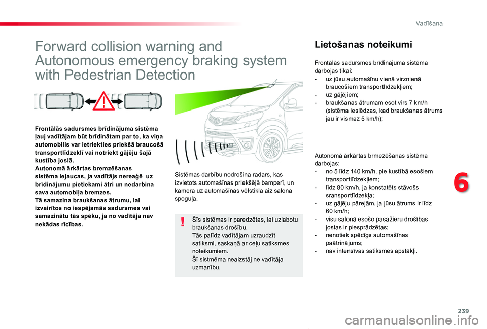 TOYOTA PROACE VERSO 2019 Lietošanas Instrukcija (in Latvian) 239
Proace Verso_lv_Chap06_conduite_ed01-2019
Forward collision warning and
Autonomous emergency braking system
with Pedestrian Detection
Lietošanas noteikumi
Autonomā ārkārtas brmezēšanas sis TOYOTA PROACE VERSO 2019 Lietošanas Instrukcija (in Latvian) 239
Proace Verso_lv_Chap06_conduite_ed01-2019
Forward collision warning and
Autonomous emergency braking system
with Pedestrian Detection
Lietošanas noteikumi
Autonomā ārkārtas brmezēšanas sis