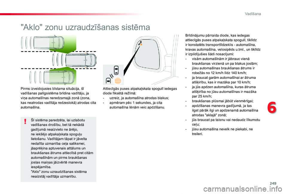 TOYOTA PROACE VERSO 2019 Lietošanas Instrukcija (in Latvian) 249
Proace Verso_lv_Chap06_conduite_ed01-2019
"Aklo" zonu uzraudzīšanas sistēma
Attiecīgās puses atpakaļskata spogulī iedegas diode fiksētā režīmā:- uzreiz, ja automašīna atrodas TOYOTA PROACE VERSO 2019 Lietošanas Instrukcija (in Latvian) 249
Proace Verso_lv_Chap06_conduite_ed01-2019
"Aklo" zonu uzraudzīšanas sistēma
Attiecīgās puses atpakaļskata spogulī iedegas diode fiksētā režīmā:- uzreiz, ja automašīna atrodas