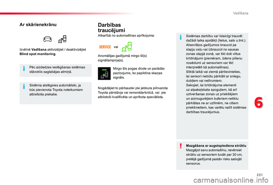 TOYOTA PROACE VERSO 2019 Lietošanas Instrukcija (in Latvian) 251
Proace Verso_lv_Chap06_conduite_ed01-2019
Darbības
traucējumi
Nogādājiet to pārbaudei pie jebkura pilnvarota Toyota pārstāvja vai remontdarbnīcā, vai pie atbilstoši kvalificēta un ap TOYOTA PROACE VERSO 2019 Lietošanas Instrukcija (in Latvian) 251
Proace Verso_lv_Chap06_conduite_ed01-2019
Darbības
traucējumi
Nogādājiet to pārbaudei pie jebkura pilnvarota Toyota pārstāvja vai remontdarbnīcā, vai pie atbilstoši kvalificēta un ap