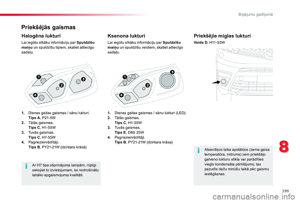TOYOTA PROACE VERSO 2019  Lietošanas Instrukcija (in Latvian) 299
Proace Verso_lv_Chap08_En-cas-de-panne_ed01-2019
Priekšējās gaismas
Ksenona lukturi
Lai iegūtu sīkāku informāciju par Spuldzīšu maiņu un spuldzīšu veidiem, skatiet attiecīgo sadaļu.
