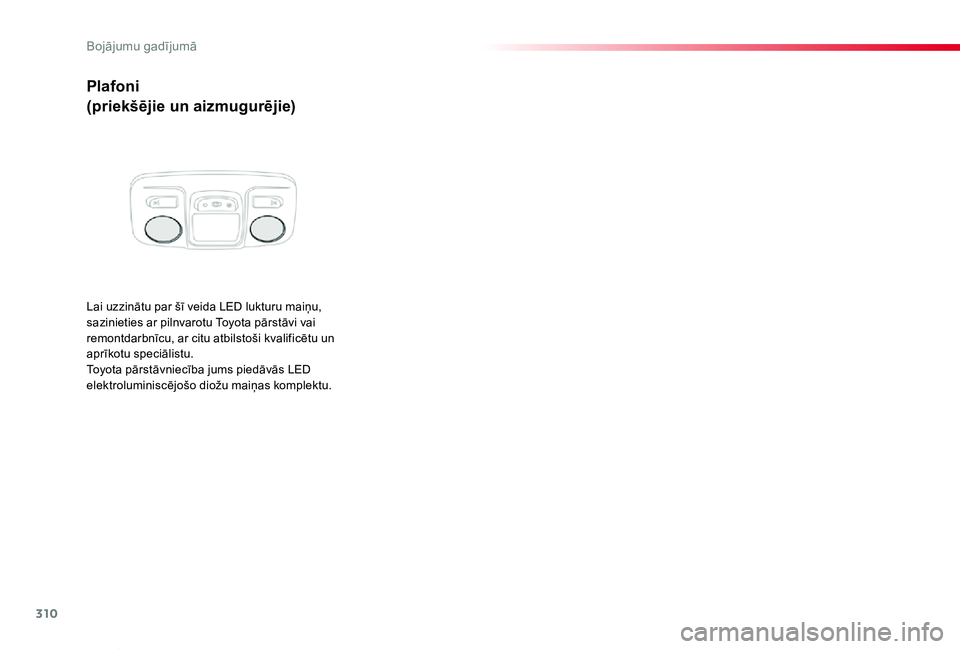 TOYOTA PROACE VERSO 2019 Lietošanas Instrukcija (in Latvian) 310
Proace Verso_lv_Chap08_En-cas-de-panne_ed01-2019
Plafoni
(priekšējie un aizmugurējie)
Lai uzzinātu par šī veida LED lukturu maiņu, sazinieties ar pilnvarotu Toyota pārstāvi vai remontdarb TOYOTA PROACE VERSO 2019 Lietošanas Instrukcija (in Latvian) 310
Proace Verso_lv_Chap08_En-cas-de-panne_ed01-2019
Plafoni
(priekšējie un aizmugurējie)
Lai uzzinātu par šī veida LED lukturu maiņu, sazinieties ar pilnvarotu Toyota pārstāvi vai remontdarb