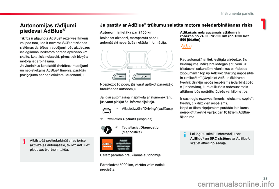 TOYOTA PROACE VERSO 2019 Lietošanas Instrukcija (in Latvian) 33
Proace Verso_lv_Chap01_instruments-de-bord_ed01-2019
Autonomijas rādījumi
piedevai AdBlue®
Tiklīdz ir atjaunots AdBlue® rezer ves līmenis vai pēc tam, kad ir novērsti SCR attīrīšanas si TOYOTA PROACE VERSO 2019 Lietošanas Instrukcija (in Latvian) 33
Proace Verso_lv_Chap01_instruments-de-bord_ed01-2019
Autonomijas rādījumi
piedevai AdBlue®
Tiklīdz ir atjaunots AdBlue® rezer ves līmenis vai pēc tam, kad ir novērsti SCR attīrīšanas si