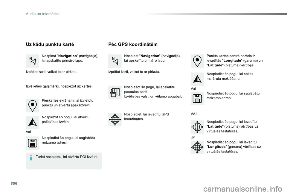 TOYOTA PROACE VERSO 2019 Lietošanas Instrukcija (in Latvian) 356
Proace Verso_lv_Chap10b_NAC-1_ed01-2019
Pēc GPS koordinātēmUz kādu punktu kartē
Nospiest "Navigation" (navigācija), lai apskatītu primāro lapu.Nospiest "Navigation" (navig TOYOTA PROACE VERSO 2019 Lietošanas Instrukcija (in Latvian) 356
Proace Verso_lv_Chap10b_NAC-1_ed01-2019
Pēc GPS koordinātēmUz kādu punktu kartē
Nospiest "Navigation" (navigācija), lai apskatītu primāro lapu.Nospiest "Navigation" (navig