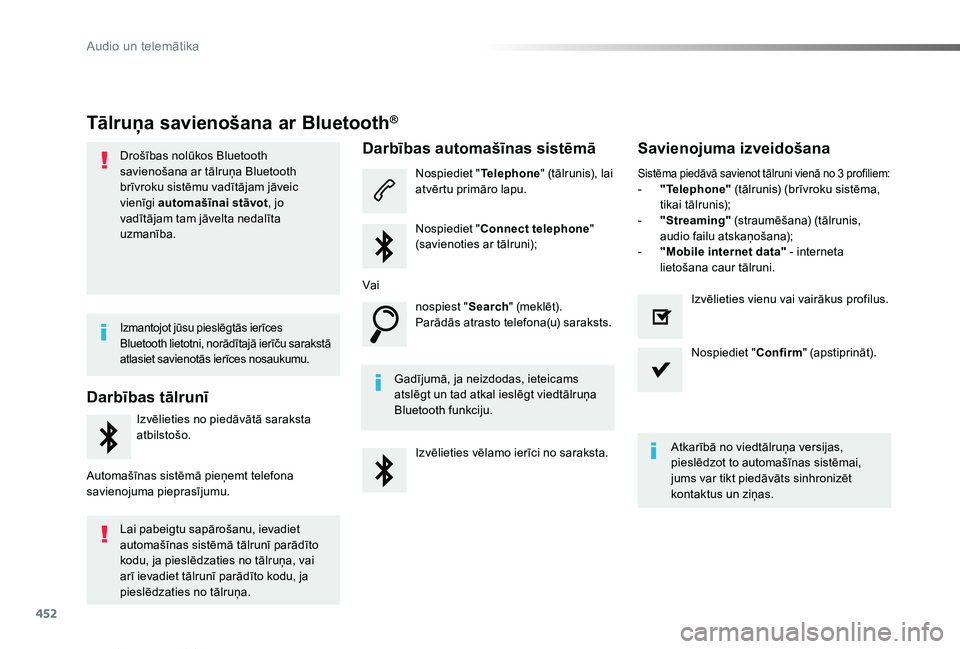 TOYOTA PROACE VERSO 2019  Lietošanas Instrukcija (in Latvian) 452
Proace Verso_lv_Chap10c_RCC-1_ed01-2019
Tālruņa savienošana ar Bluetooth®
Drošības nolūkos Bluetooth savienošana ar tālruņa Bluetooth brīvroku sistēmu vadītājam jāveic vienīgi auto