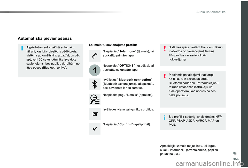 TOYOTA PROACE VERSO 2019  Lietošanas Instrukcija (in Latvian) 453
1
Proace Verso_lv_Chap10c_RCC-1_ed01-2019
Nospiediet "Telephone" (tālrunis), lai apskatītu primāro lapu.
Izvēlieties "Bluetooth connection" (Bluetooth savienojums), lai apskat