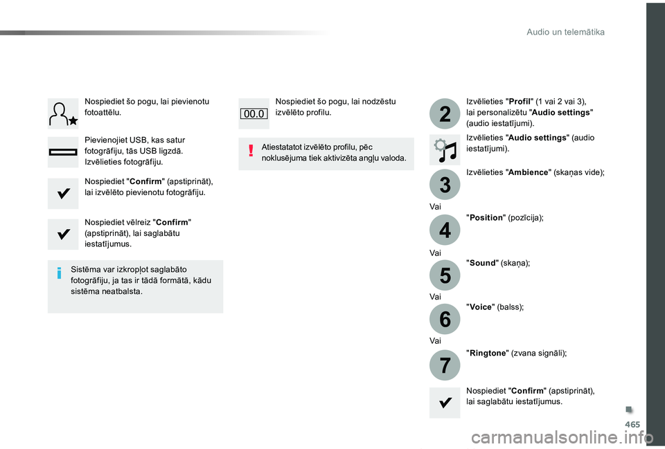 TOYOTA PROACE VERSO 2019  Lietošanas Instrukcija (in Latvian) 465
3
2
4
5
6
7
Proace Verso_lv_Chap10c_RCC-1_ed01-2019
Izvēlieties "Profil" (1 vai 2 vai 3), lai personalizētu "Audio settings" (audio iestatījumi).
Izvēlieties "Audio setting
