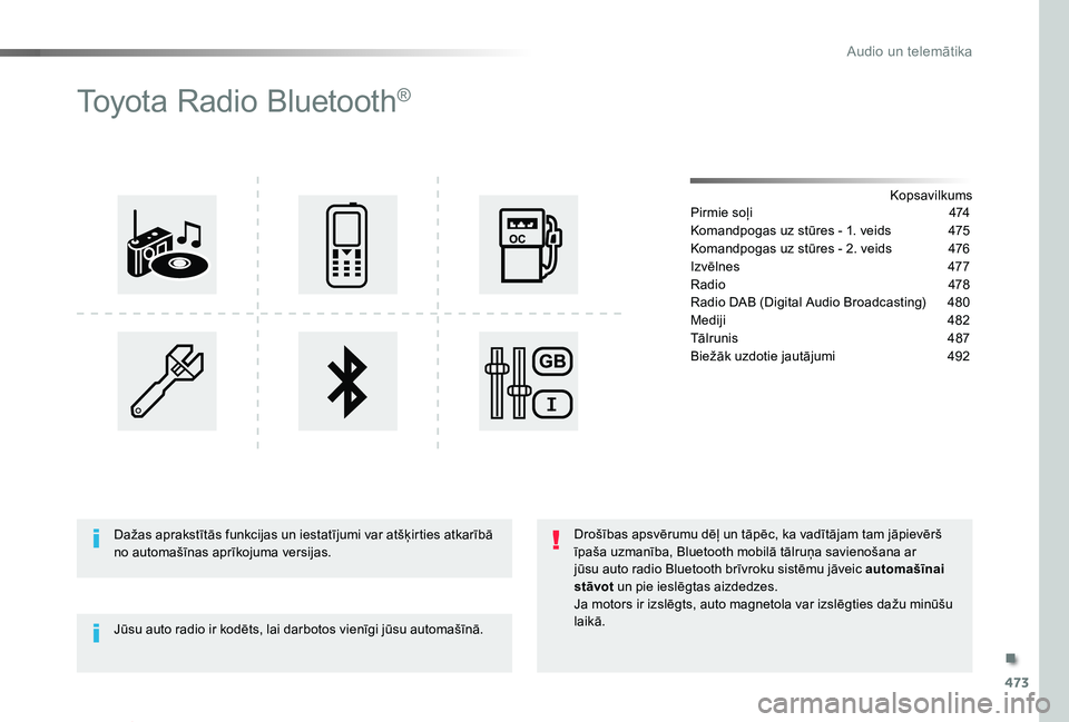 TOYOTA PROACE VERSO 2019  Lietošanas Instrukcija (in Latvian) 473
Proace Verso_lv_Chap10d_RD6_ed01-2019
Toyota Radio Bluetooth®
KopsavilkumsPirmie soļi 474
Komandpogas uz stūres - 1. veids 475
Komandpogas uz stūres - 2. veids 476
Iz vēlnes  477
Radio  478
R