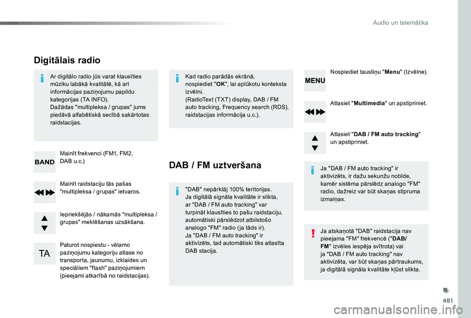 TOYOTA PROACE VERSO 2019  Lietošanas Instrukcija (in Latvian) 481
Proace Verso_lv_Chap10d_RD6_ed01-2019
Atlasiet "Multimedia" un apstipriniet.
Atlasiet "DAB / FM auto tracking" un apstipriniet.
Paturot nospiestu - vēlamo paziņojumu kategoriju a