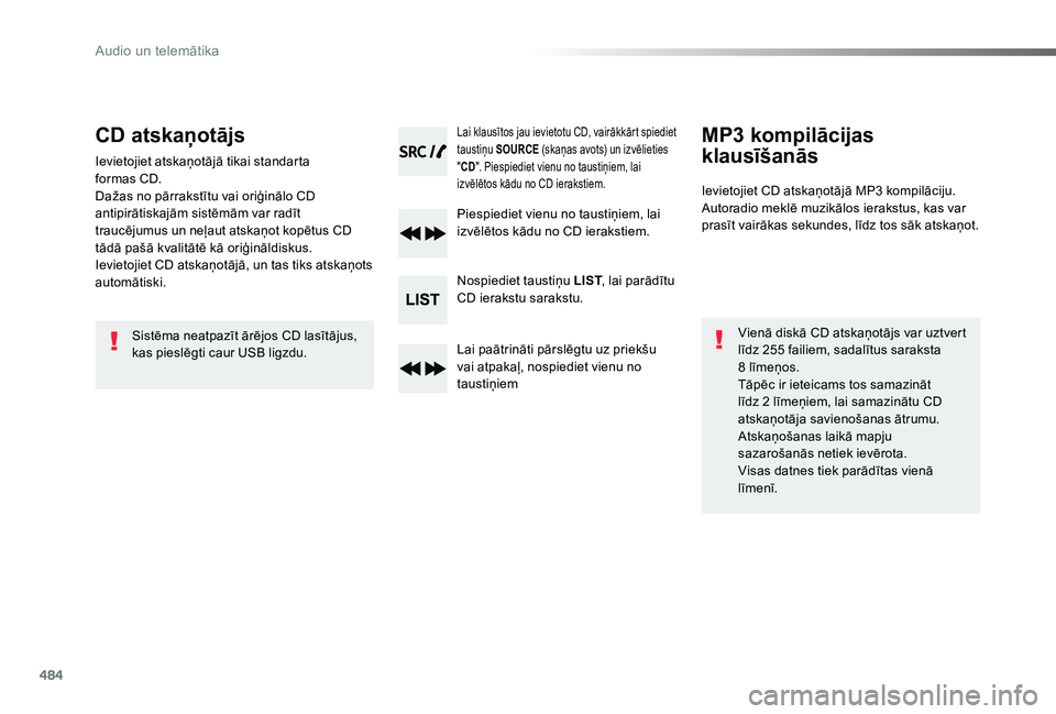 TOYOTA PROACE VERSO 2019  Lietošanas Instrukcija (in Latvian) 484
Proace Verso_lv_Chap10d_RD6_ed01-2019
CD atskaņotājs
Ievietojiet atskaņotājā tikai standarta formas CD.Dažas no pārrakstītu vai oriģinālo CD antipirātiskajām sistēmām var radīt trau