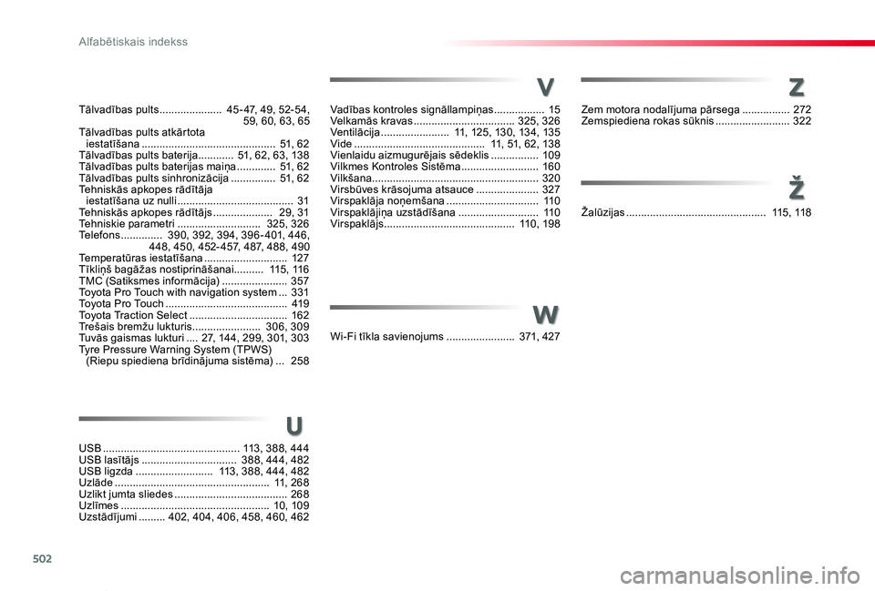 TOYOTA PROACE VERSO 2019  Lietošanas Instrukcija (in Latvian) 502
Proace Verso_lv_Chap11_index-alpha_ed01-2019
s
r
Vadības kontroles signāllampiņas ................. 15Velkamās kravas  .................................. 325, 326Ventilācija .................