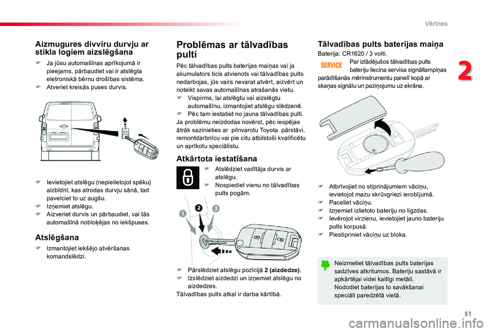 TOYOTA PROACE VERSO 2019 Lietošanas Instrukcija (in Latvian) 51
Proace Verso_lv_Chap02_ouvertures_ed01-2019
Tālvadības pults baterijas maiņa
Neizmetiet tālvadības pults baterijas sadzīves atkritumos. Bateriju sastāvā ir apkārtējai videi kaitīgi metā TOYOTA PROACE VERSO 2019 Lietošanas Instrukcija (in Latvian) 51
Proace Verso_lv_Chap02_ouvertures_ed01-2019
Tālvadības pults baterijas maiņa
Neizmetiet tālvadības pults baterijas sadzīves atkritumos. Bateriju sastāvā ir apkārtējai videi kaitīgi metā