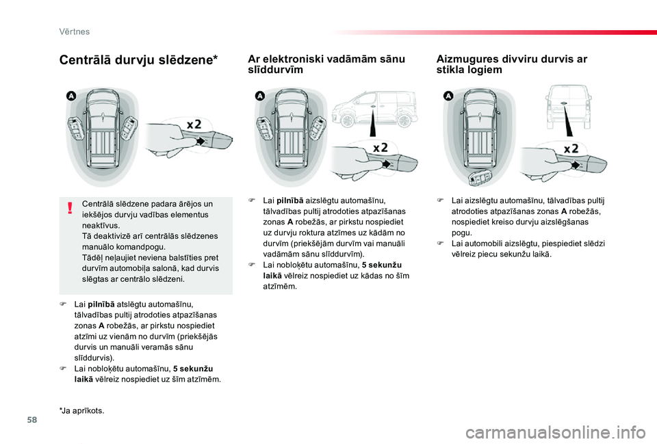 TOYOTA PROACE VERSO 2019 Lietošanas Instrukcija (in Latvian) 58
Proace Verso_lv_Chap02_ouvertures_ed01-2019
Centrālā durvju slēdzene*
Centrālā slēdzene padara ārējos un iekšējos dur vju vadības elementus neaktīvus.Tā deaktivizē arī centrālās sl TOYOTA PROACE VERSO 2019 Lietošanas Instrukcija (in Latvian) 58
Proace Verso_lv_Chap02_ouvertures_ed01-2019
Centrālā durvju slēdzene*
Centrālā slēdzene padara ārējos un iekšējos dur vju vadības elementus neaktīvus.Tā deaktivizē arī centrālās sl
