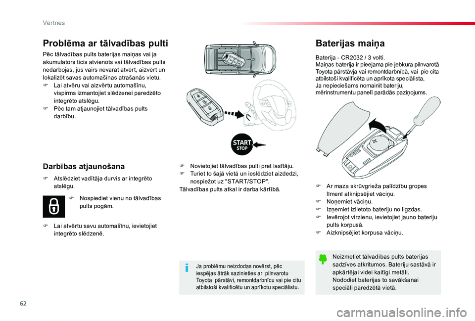 TOYOTA PROACE VERSO 2019 Lietošanas Instrukcija (in Latvian) 62
Proace Verso_lv_Chap02_ouvertures_ed01-2019
Baterijas maiņa
Baterija - CR2032 / 3 volti.Maiņas baterija ir pieejama pie jebkura pilnvarotā Toyota pārstāvja vai remontdarbnīcā, vai pie cita TOYOTA PROACE VERSO 2019 Lietošanas Instrukcija (in Latvian) 62
Proace Verso_lv_Chap02_ouvertures_ed01-2019
Baterijas maiņa
Baterija - CR2032 / 3 volti.Maiņas baterija ir pieejama pie jebkura pilnvarotā Toyota pārstāvja vai remontdarbnīcā, vai pie cita