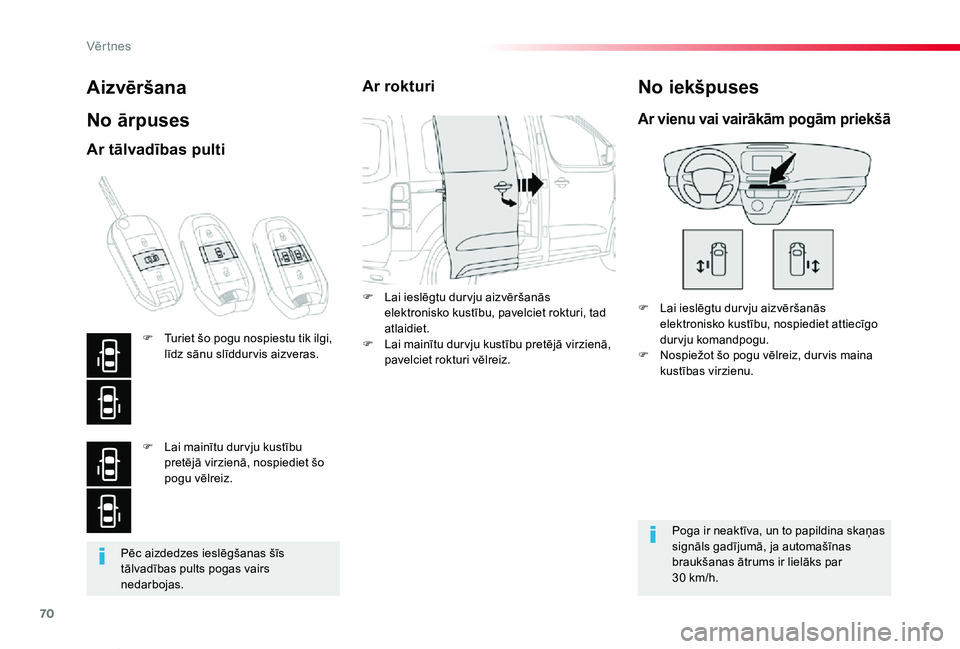 TOYOTA PROACE VERSO 2019  Lietošanas Instrukcija (in Latvian) 70
Proace Verso_lv_Chap02_ouvertures_ed01-2019
Pēc aizdedzes ieslēgšanas šīs tālvadības pults pogas vairs nedarbojas.
Aizvēršana
No ārpuses
F Lai ieslēgtu dur vju aizvēršanās elektronisk