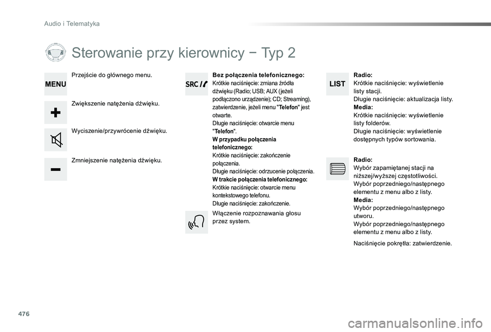 TOYOTA PROACE VERSO 2019 Instrukcja obsługi (in Polish) 476
Proace-Verso_pl_Chap10d_RD6_ed01-2019
Sterowanie przy kierownicy − Typ 2
Zmniejszenie natężenia dźwięku.
Wyciszenie/przywrócenie dźwięku.
Bez połączenia telefonicznego:Krótkie naciśni TOYOTA PROACE VERSO 2019 Instrukcja obsługi (in Polish) 476
Proace-Verso_pl_Chap10d_RD6_ed01-2019
Sterowanie przy kierownicy − Typ 2
Zmniejszenie natężenia dźwięku.
Wyciszenie/przywrócenie dźwięku.
Bez połączenia telefonicznego:Krótkie naciśni
