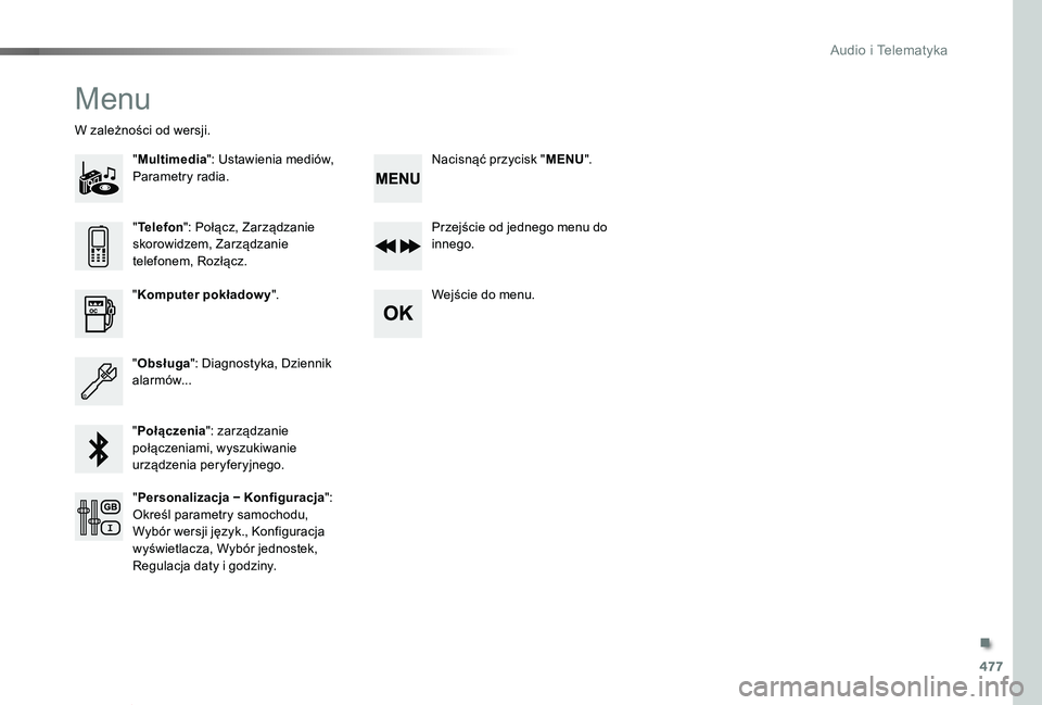 TOYOTA PROACE VERSO 2019 Instrukcja obsługi (in Polish) 477
Proace-Verso_pl_Chap10d_RD6_ed01-2019
Menu
"Multimedia": Ustawienia mediów, Parametry radia.
W zależności od wersji.
Przejście od jednego menu do innego.
Wejście do menu."Komputer TOYOTA PROACE VERSO 2019 Instrukcja obsługi (in Polish) 477
Proace-Verso_pl_Chap10d_RD6_ed01-2019
Menu
"Multimedia": Ustawienia mediów, Parametry radia.
W zależności od wersji.
Przejście od jednego menu do innego.
Wejście do menu."Komputer