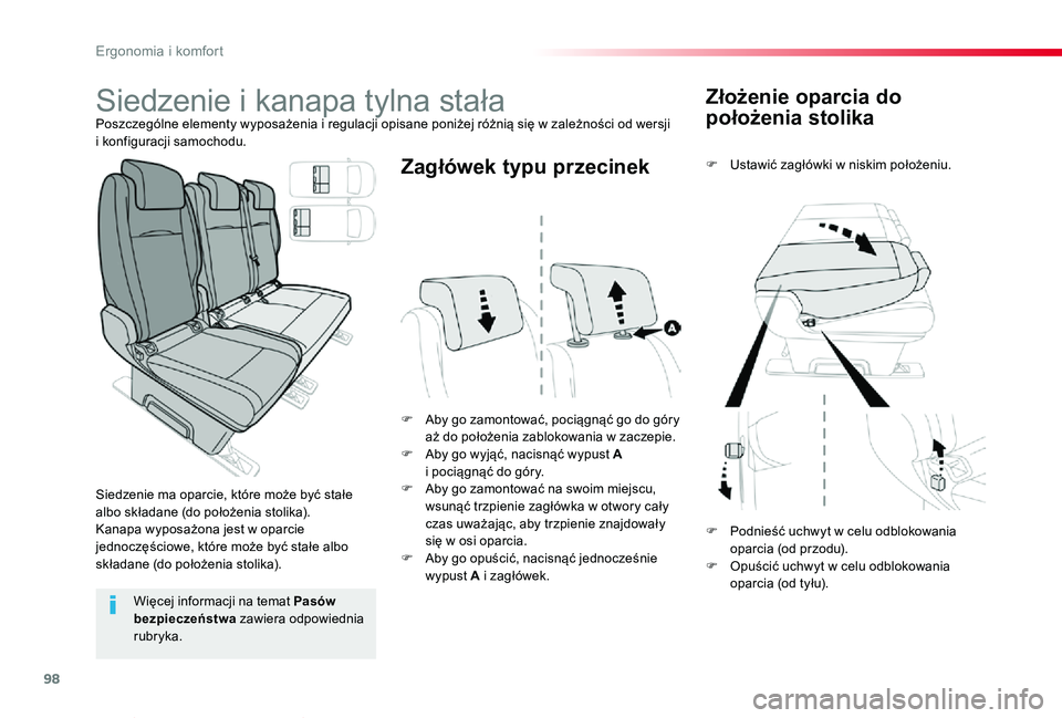 TOYOTA PROACE VERSO 2019 Instrukcja obsługi (in Polish) 98
Proace-Verso_pl_Chap03_ergonomie-et-confort_ed01-2019
Złożenie oparcia do
położenia stolika
F Ustawić zagłówki w niskim położeniu.
F Aby go zamontować, pociągnąć go do góry aż do po TOYOTA PROACE VERSO 2019 Instrukcja obsługi (in Polish) 98
Proace-Verso_pl_Chap03_ergonomie-et-confort_ed01-2019
Złożenie oparcia do
położenia stolika
F Ustawić zagłówki w niskim położeniu.
F Aby go zamontować, pociągnąć go do góry aż do po