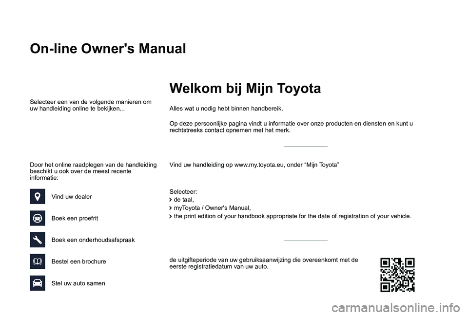 TOYOTA PROACE VERSO 2019 Instructieboekje (in Dutch) On-line Owner's Manual
Vind uw handleiding op www.my.toyota.eu, onder “Mijn Toyota”
Alles wat u nodig hebt binnen handbereik.
Selecteer:
Selecteer een van de volgende manieren om uw handleidin TOYOTA PROACE VERSO 2019 Instructieboekje (in Dutch) On-line Owner's Manual
Vind uw handleiding op www.my.toyota.eu, onder “Mijn Toyota”
Alles wat u nodig hebt binnen handbereik.
Selecteer:
Selecteer een van de volgende manieren om uw handleidin