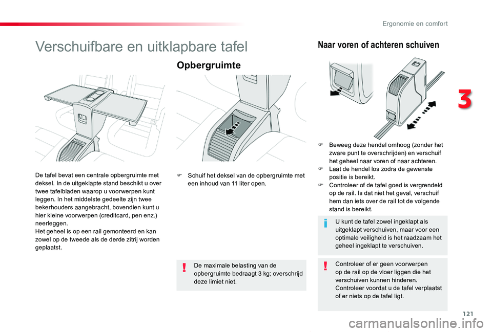 TOYOTA PROACE VERSO 2019 Instructieboekje (in Dutch) 121
ProaceVerso_nl_Chap03_ergonomie-et-confort_ed01-2019
Verschuifbare en uitklapbare tafel
Opbergruimte
Controleer of er geen voor werpen op de rail op de vloer liggen die het verschuiven kunnen hind TOYOTA PROACE VERSO 2019 Instructieboekje (in Dutch) 121
ProaceVerso_nl_Chap03_ergonomie-et-confort_ed01-2019
Verschuifbare en uitklapbare tafel
Opbergruimte
Controleer of er geen voor werpen op de rail op de vloer liggen die het verschuiven kunnen hind